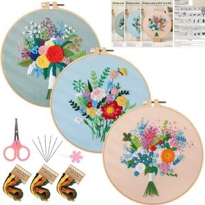Floral Embroidered DIY Art Set of 3